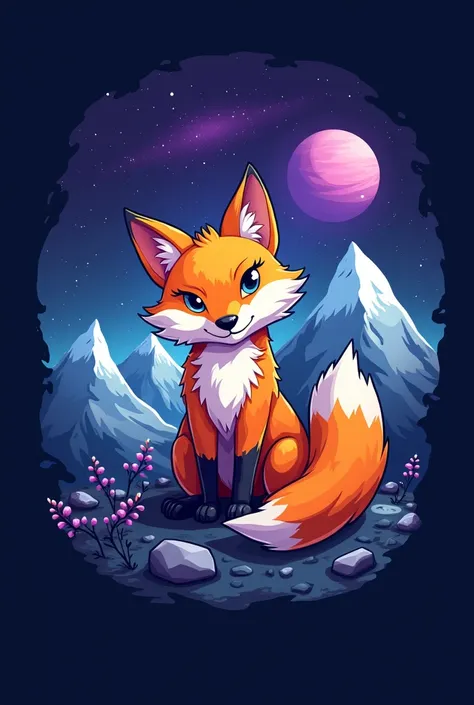 Logo for a twitch channel called Astronyto with a fox, mountains and sky with stars and purple planet