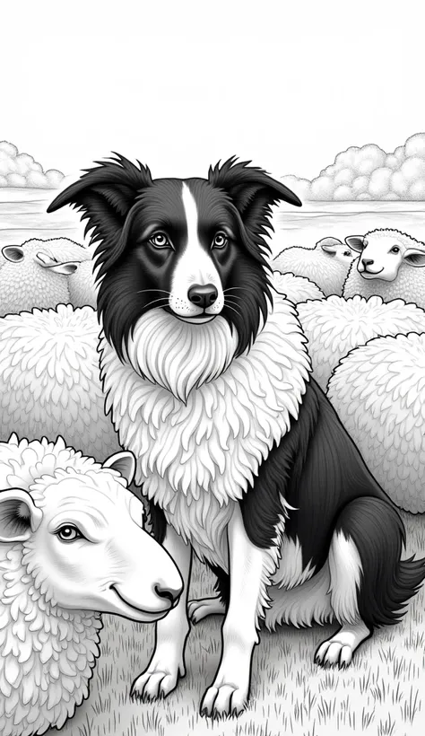 Beautiful border collie in sheep costume with sheeps around in Peaky Blinders style as a coloring page in black and white 