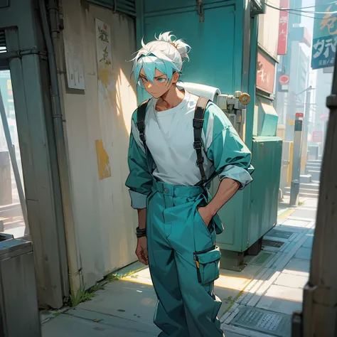 1male, young teen, tan skin, finely detailed aqua eyes, messy top bun, seashell white hair color, blue color hair highlights, wild medium hair, mechanic jumpsuit, headband, baggy pants, standing on street, day time, tokyo streets, calm expression, muscular...