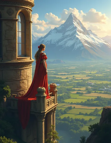  The kingdom spread out against the princess standing in the royal palace tower  , Sunlight shining through ,   The princess looking down at the common people with proud eyes ,  Vast fields and mountains 々 in the background ."