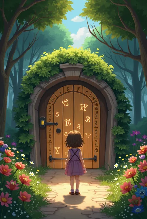 A girl with slightly short light brown and wavy hair ,  in front of a magic door surrounded by trees and bright flowers.