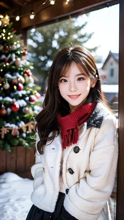 (Wore a winter uniform and scarf coat、 Close-up portrait of a girl with long hair and dull bangs:1.5)、(one person*** wearing a winter uniform and scarf coat spreads her arms and has a shy smile :1.5)、Age 25、( Christmas decorations on a street corner on a s...