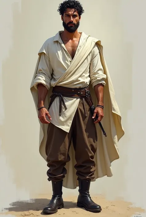 man in medieval clothes, white shirt and brown pants, black boots, with short curly black hair and beard, white skin, blue eyes, tanned skin digital painting art