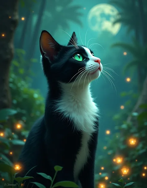  TUXIDO CAT WITH LITTLE HANDS AND PAWS LIKE GLOVES AND WHITE SOCKS ,  WHITE SNOUT FROM THE CENTER OF THE FOREHEAD , nariz rosada, WHITE CHEST AND BLACK ARMS .  seeing the center of the universe in the sky with its emerald-green eyes .  In a rainforest with...