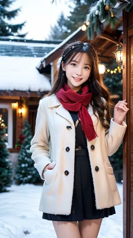 (Wore a winter uniform and scarf coat、 Close-up portrait of a girl with long hair and dull bangs:1.5)、(one person*** wearing a winter uniform and scarf coat spreads her arms and has a shy smile :1.5)、Age 25、( Christmas decorations on a street corner on a s...