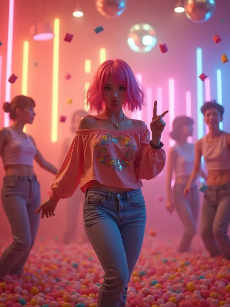 real photograph, 18 years old Jpop girl that has a y2k vibe with pink bob hair and surrounded by candy, pretty face, Dancing wildly to the rhythm of KPOP music, full of energy and passion, surrounded by 1970s disco lights