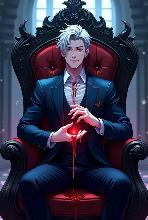 Adult male vampire sensual lord ,anime designe, sexy lord clothes in the color blue and black,short gray hair,  sitting on a dark throne in a castle at night, Controlling blood with your hands, smiling sensually