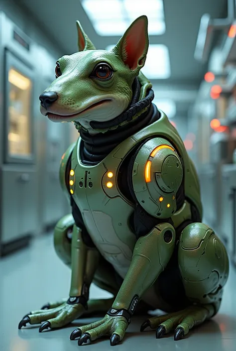 Frog fused with a dog in futuristic armor in a scientific laboratory 