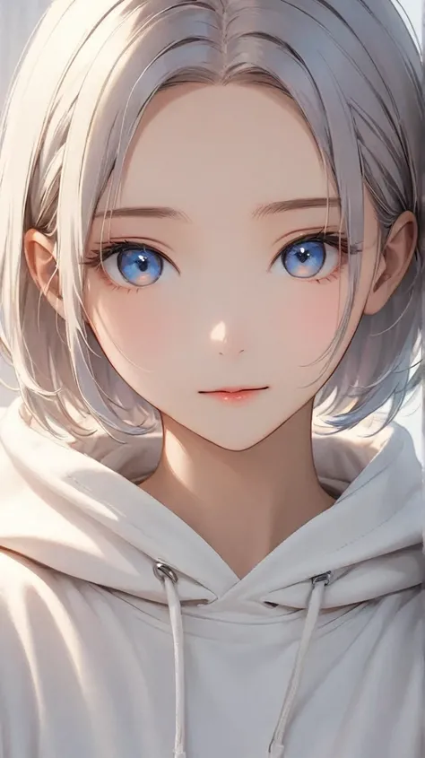 (8k, best quality, masterpiece:1.5), a calm and introspective young woman, short slightly tousled light gray hair with a faint bluish tint, sleek and casual hairstyle with soft layers, boyish and androgynous charm, serene expression, subtle and gentle smil...