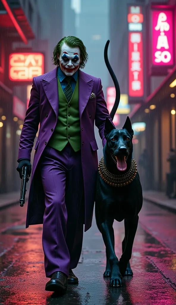 create an image of the villain joker walking alongside his enormous black cane corso with a thick, spiked collar. the joker has ...