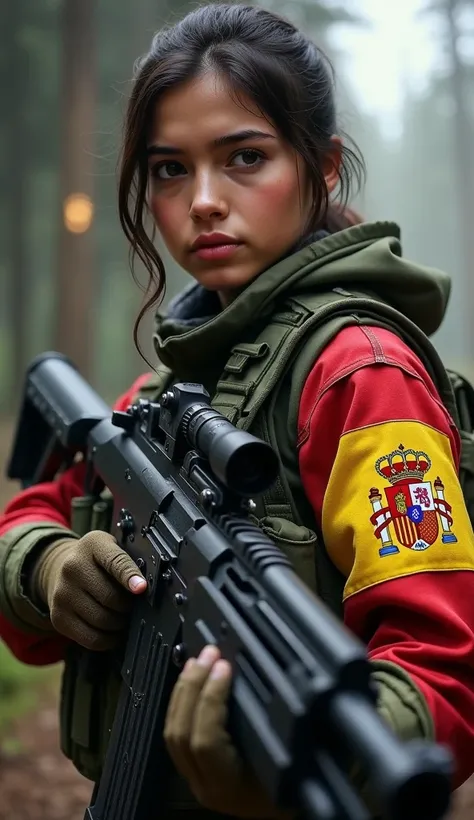 Young female Spanish soldier ,  holds a submachine gun in her arms,  flag of Spain up the sleeve