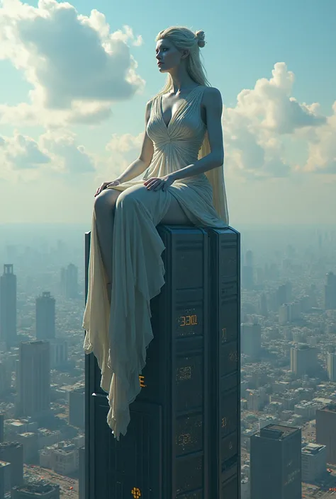 Giant woman seating on top off a scryscaper 