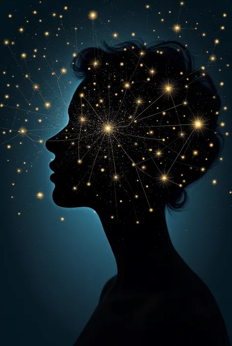  Human face with constellations :  A silhouette of a face ,  where the stars form constellations that connect to elements of the face (eyes, boca, etc.),  creating the idea that the dream is being projected on the stars .  The cover would have a sense of i...