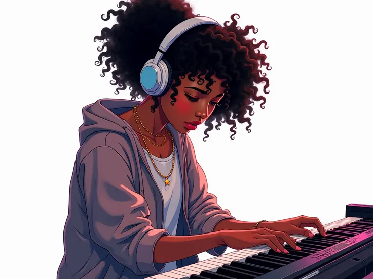 anime girl black, Curly hair, AFRICANA, rap geek, with headphones,  white background,  full body , playing piano, adolescent de 18 19 years ago
