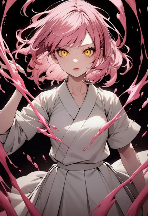 Create an image of a female character with substance, with pink hair, yellow eyes, wearing white Japanese school clothes, with an aura of power all around.