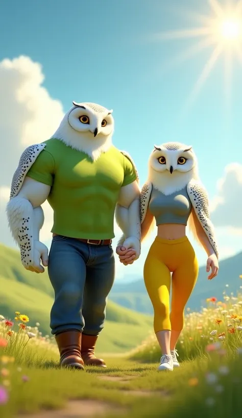 Scene Description:
A Pixar-style 3D animation featuring an anthropomorphic snowy owl couple walking confidently through a sunlit meadow.

Male Owl: A tall, broad-shouldered bodybuilder physique with perfectly sculpted muscles, all covered in snowy white fe...