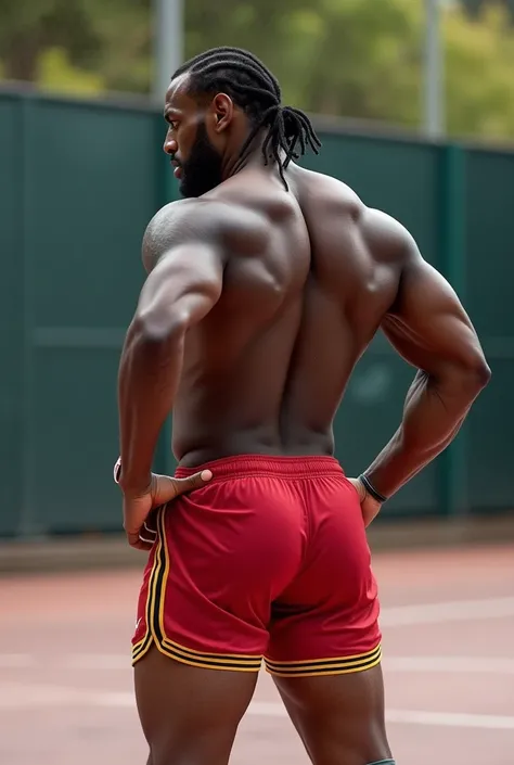 High Resolution, HD, handsome, sweaty, muscular, muscled body, 40 year old, African American, man, male, seductive face, cornrows head, facial hair, looks like Lebron James, athletic build, thick legs, muscular thick thighs, ((huge unrealistic butt), ((wid...