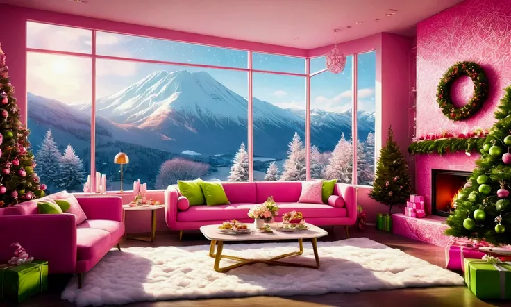 The inside of a cozy modern skyscraper penthouse. The interior has pink accented furniture and is adorned with lime green christmas decorations. The far wall is a bay window overlooking a snowy mountain. Warm lighting. A fireplace creates a relaxing ambian...