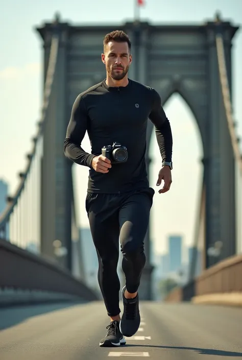 a sporty dressed man, close-up, confidently walks across a Los Angeles bridge, holding on the neck professional camera camera with telephoto lens