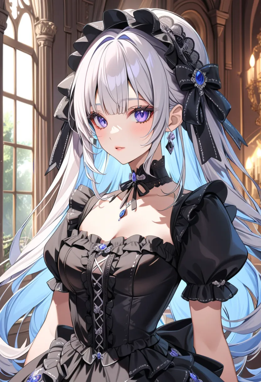 1 girl, ((portrait of a beautiful girl in lolita fashion: 1.4)), attractive face, elegant, gorgeous, (black gothic lolita dresse...