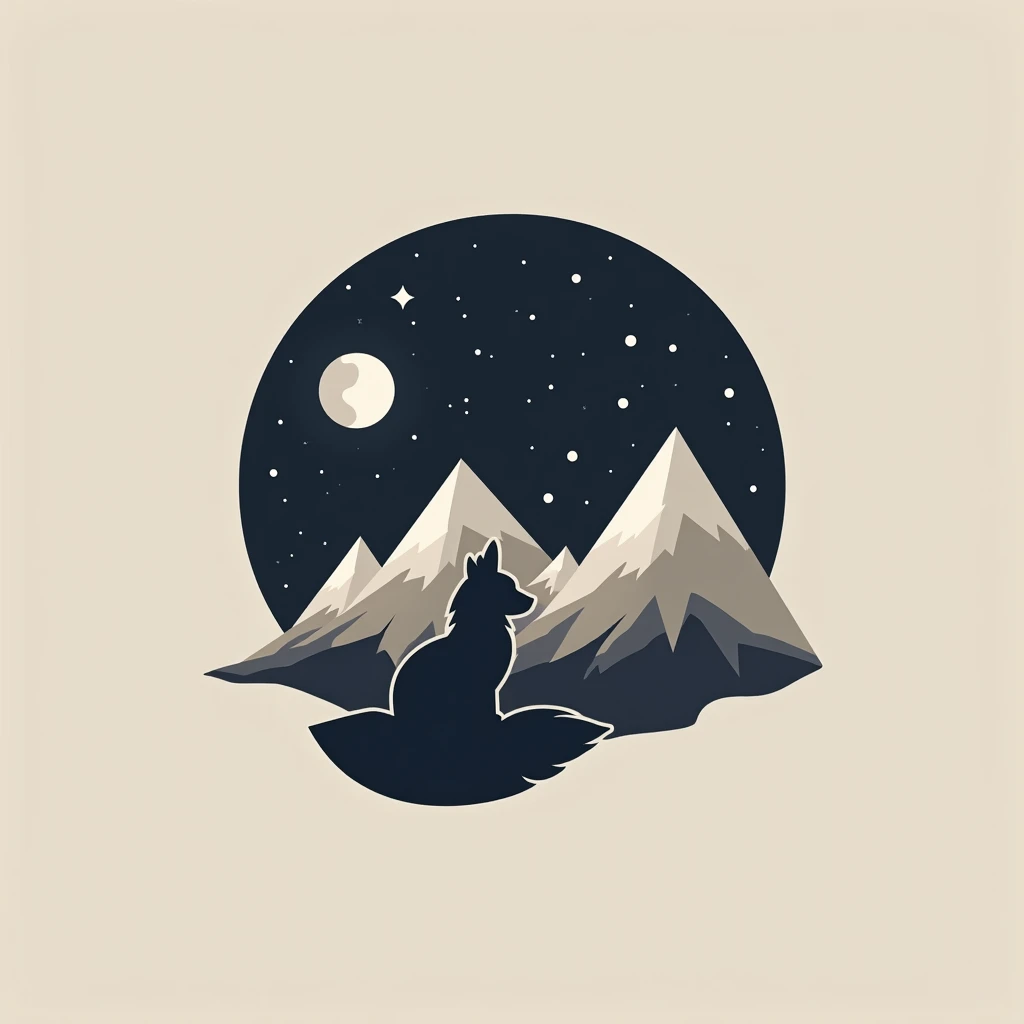 minimalist Logo for a twitch channel called Astronyto with a fox, mountains and night universe sky