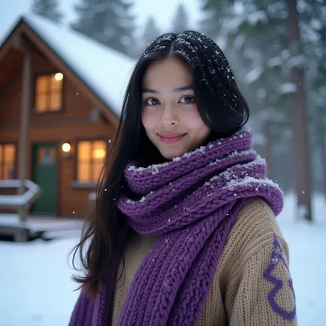 The image shows a 25-year-old girl with long, straight black hair, brown eyes with touches of honey wrapped in a purple scarf , on a snowy day.  She wears a beige sweater with a decorative pattern .  She is standing in front of a wooden cabin in a snowy fo...