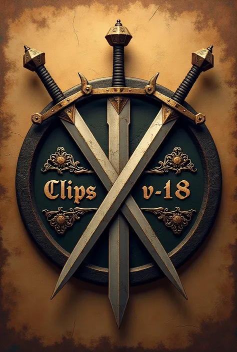 Create a circular logo with swords and shields and in the center that says clips from v18