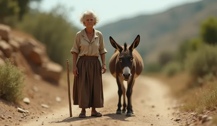 A realistic and detailed miniature image of a worried old woman with white hair in a beige blouse and brown skirt standing next to a tired donkey on a dirt road in a rural setting.