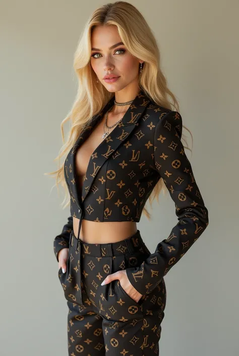  I need a 25-year-old sexy blonde woman in Louis Vuitton clothes, realistic for onlyfans 