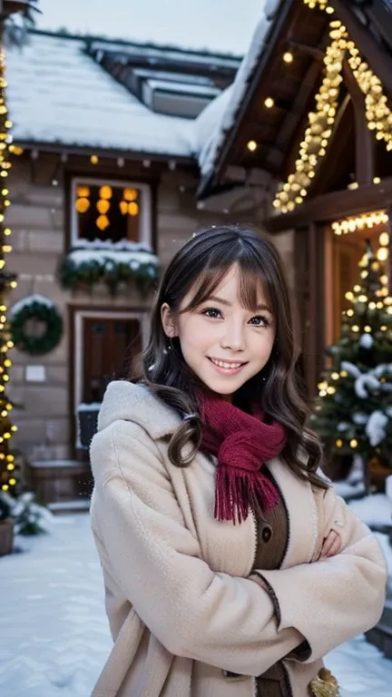 (Wore a winter uniform and scarf coat、 Close-up portrait of a girl with long hair and dull bangs:1.5)、(one person*** wearing a winter uniform and scarf coat spreads her arms and has a shy smile :1.5)、Age 25、( Christmas decorations on a street corner on a s...