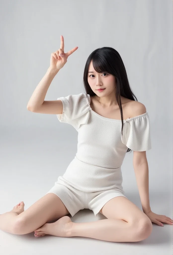    Full Body Shot from Front  、 Please wear off-the-shoulder mini one-piece pajamas,   take a cross-legged position with your knees bent ,   and sit while staring at me  , Slender bare legs   、smile、  The background is a monotone     

