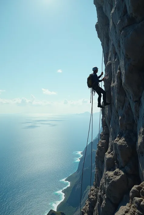 A climber climbing the back of a mountain titan with clear skies and the sea at his feet