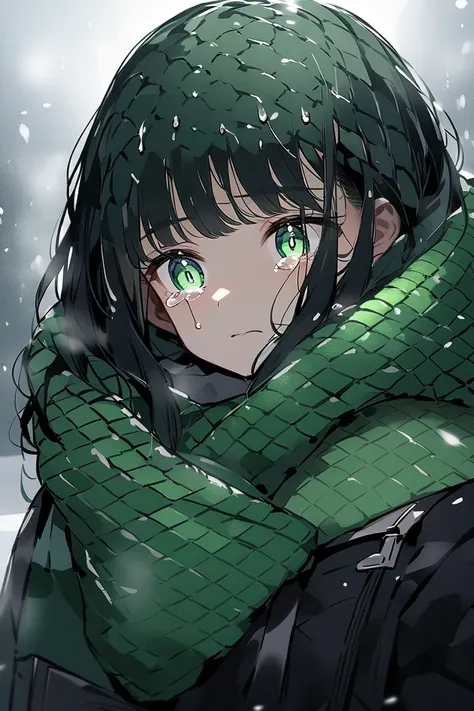 Tears、Look down、Messy 、 adult and attractive 、Large pupils、 sorry girls hair is black、 green mesh color 、 scarf on the neck 、snow、Under the street lamp、 upper body up 