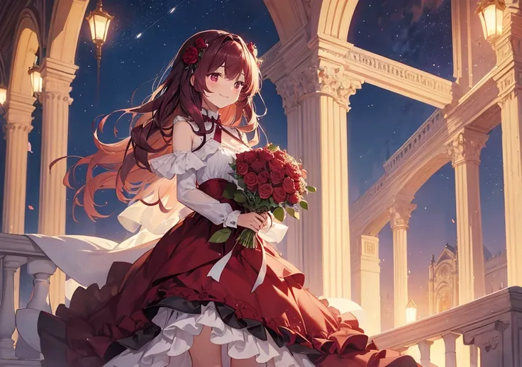 A girl who smells the scent of roses and feels love
A girl holding a bouquet of red roses is looking up at the starry sky on the balcony of a palace at night. Her long hair is burgundy red and her dress shines in the moonlight. There is a rose arch behind ...