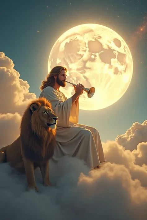 Jesus sitting in the clouds playing the horn, the moon behind and the lion next door.