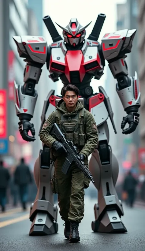 A Japanese soldier in modern military uniform, holding a large advanced rifle, marches confidently down a bustling urban street. Beside him, a colossal combat robot painted in red and white, echoing the colors of Japan’s flag, strides forward. The robot fe...