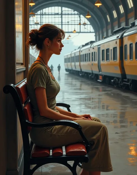 there is a woman sitting on a bench next to a train, by Derek Hill, inspired by Art Frahm, by Brian Thomas, by Joop Sanders, by Bob Ringwood, by Artur Tarnowski, by Wayne England, by Thomas Dalziel, by Trevor Brown, alexey egorov, by Alexander Kucharsky, b...