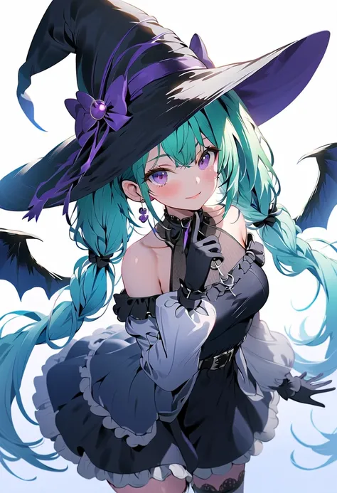 (masterpiece),(best quality),(ultra-detailed),(best illustration),(best shadow),(detailed background), 1girl, solo, hat, gloves, thighhighs, witch-hat, long-hair, black-gloves, green-hair, simple-background, belt, white-thighhighs, twintails, purple-eyes, ...