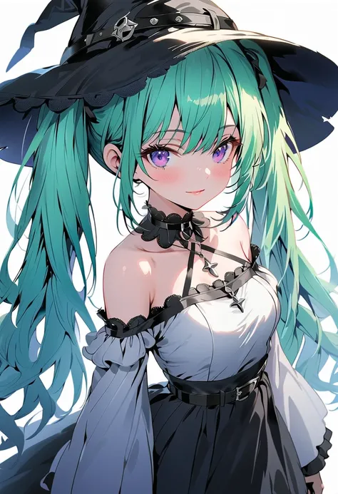 (masterpiece),(best quality),(ultra-detailed),(best illustration),(best shadow),(detailed background), 1girl, solo, hat, gloves, thighhighs, witch-hat, long-hair, black-gloves, green-hair, simple-background, belt, white-thighhighs, twintails, purple-eyes, ...