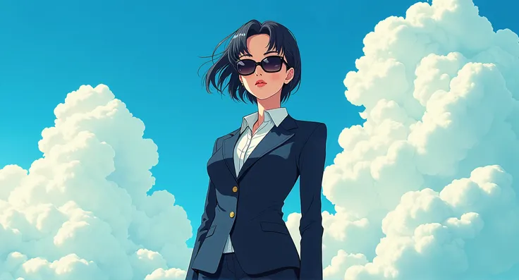  a business girl in a suit and sunglasses, standing in front of a bright cloudy sky ,  manga wallpaper Kentaro Miura manga style , anime portrait 