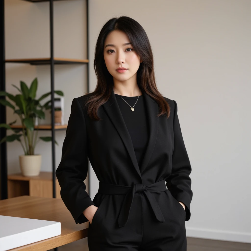 woman in her mid-30s, sleek black hair, minimalist style, subtle makeup, modern office background