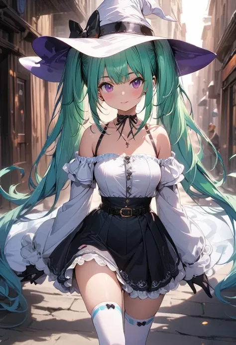 (masterpiece),(best quality),(ultra-detailed),(best illustration),(best shadow),(detailed background), 1girl, solo, hat, gloves, thighhighs, witch-hat, long-hair, black-gloves, green-hair, simple-background, belt, white-thighhighs, twintails, purple-eyes, ...