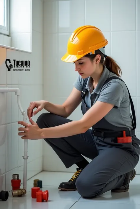 Frau handwerker young pretty in the bathroom. Working on a white pipe in the wall . Press fittings lie on the floor .  Tucano construction is written on the pipe in Arial font. There is also an electric press machine on the floor