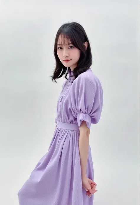  angle shot from below in a light purple dress 、  slouching position with collar、  open shirt  、  no underwear、 skirt rolling up due to strong wind 、  one girl who is at ease 、Japanese Uniform、barefoot、  beach  、smile

