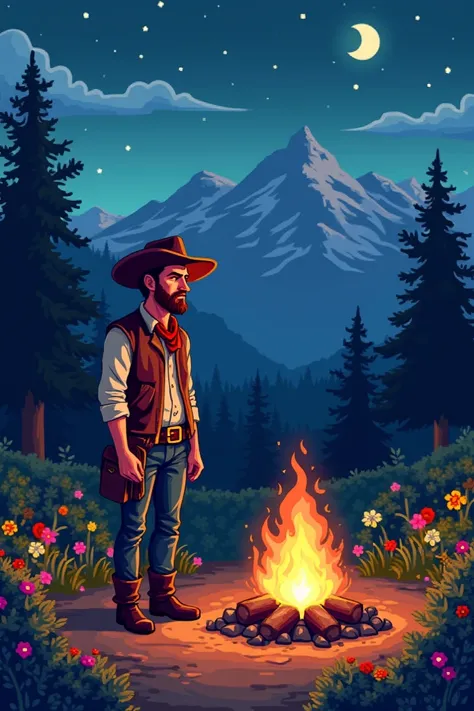 masterpiece, best quality:1.2), pixel art,landspace, cowboy, brown hair man, cowboy hat, 1900’s style,  next to campfire,Nightime, flowers ,bushes ,trees , mountains , flowers , snow on mountains, really pretty,stardew valley style 