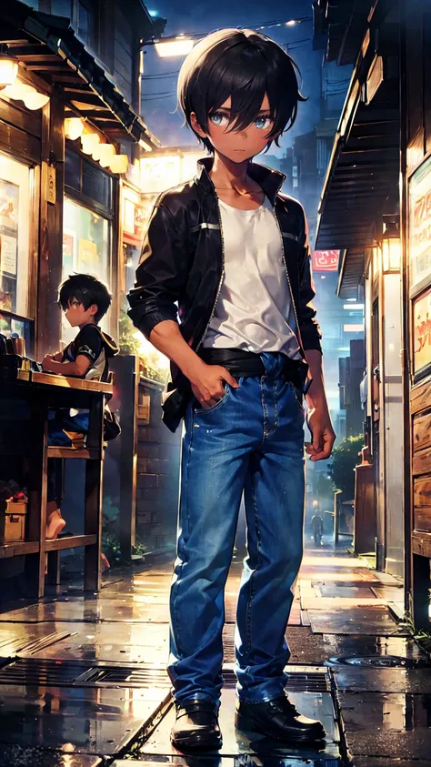 (masterpiece,  best quality,   super detailed ,  absurd)1.5,  1 boy, ( Beautiful boy,  perfect face, Perfect Eyes, perfect anatomy, dark skinned male, (shota) )1.5, (black shirt, tank top, jeans, baggy pants, boots, fingerless gloves, multiple belts, jacke...