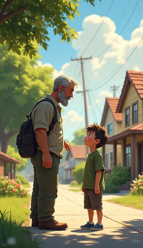 Father talking to his young son in front of his house on the street on a quiet day