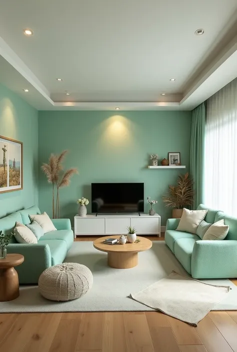  A simple and humble room with a set of furniture in shades of seawater green and white.  The furniture set includes a main sofa ,  a corner cabinet and several small poufs distributed around .  In the center of the room there is a central table ,  simple ...