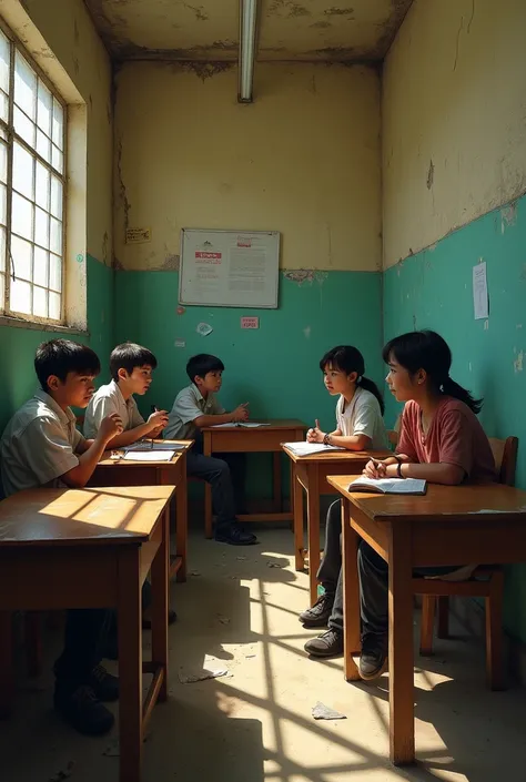 Main Stage: A small classroom in a Lima school , with worn out walls,  desks aligned unevenly and a tense but curious environment.