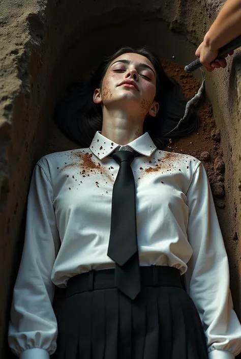  A dead woman dressed in a white shirt and black tie and skirt lies in a hole. There are some small worms on his face and shirt.. Another woman from outside the hole with a shovel throws dirt on her shirt .